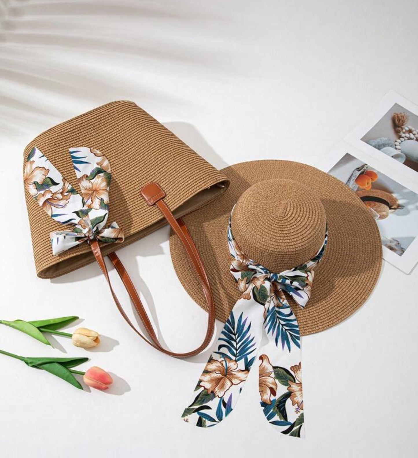 1pc Women's Boho Tropical Plants Printed Hat + 1pc Matching Handbag, For Holiday/Vacation