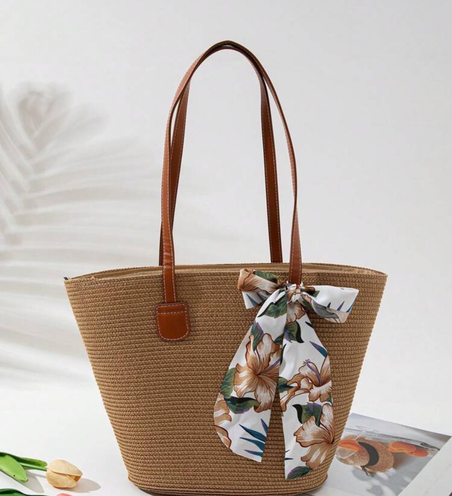 1pc Women's Boho Tropical Plants Printed Hat + 1pc Matching Handbag, For Holiday/Vacation