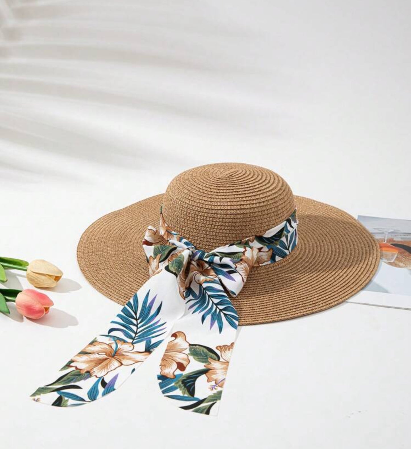1pc Women's Boho Tropical Plants Printed Hat + 1pc Matching Handbag, For Holiday/Vacation