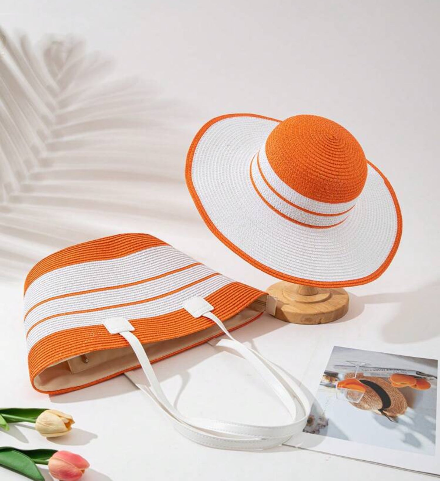 1 Set: 1 Piece Contrasting Color Straw Hat + 1 Piece Straw Bag, Casual Beach Holiday